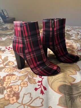 J Renee Plaid Red Ankle Boots
